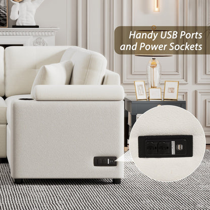 Beige 87.4'' Fabric 3 Seater Sleeper Sofa with Pull-Out Bed, Wheels, USB Ports, Power Sockets, and Built-in Cup Holders