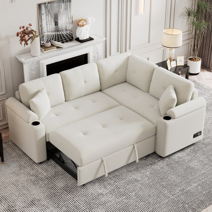 Beige 87.4'' Fabric 3 Seater Sleeper Sofa with Pull-Out Bed, Wheels, USB Ports, Power Sockets, and Built-in Cup Holders