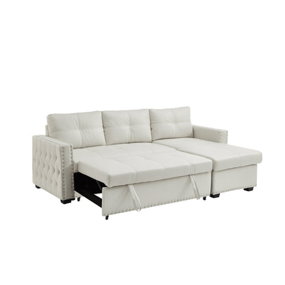 Beige 88'' Convertible 3-Seater Sofa Bed with Storage Chaise, Pull-Out Bed, Silver Nailhead Trim - Comfortable Sponge Fill