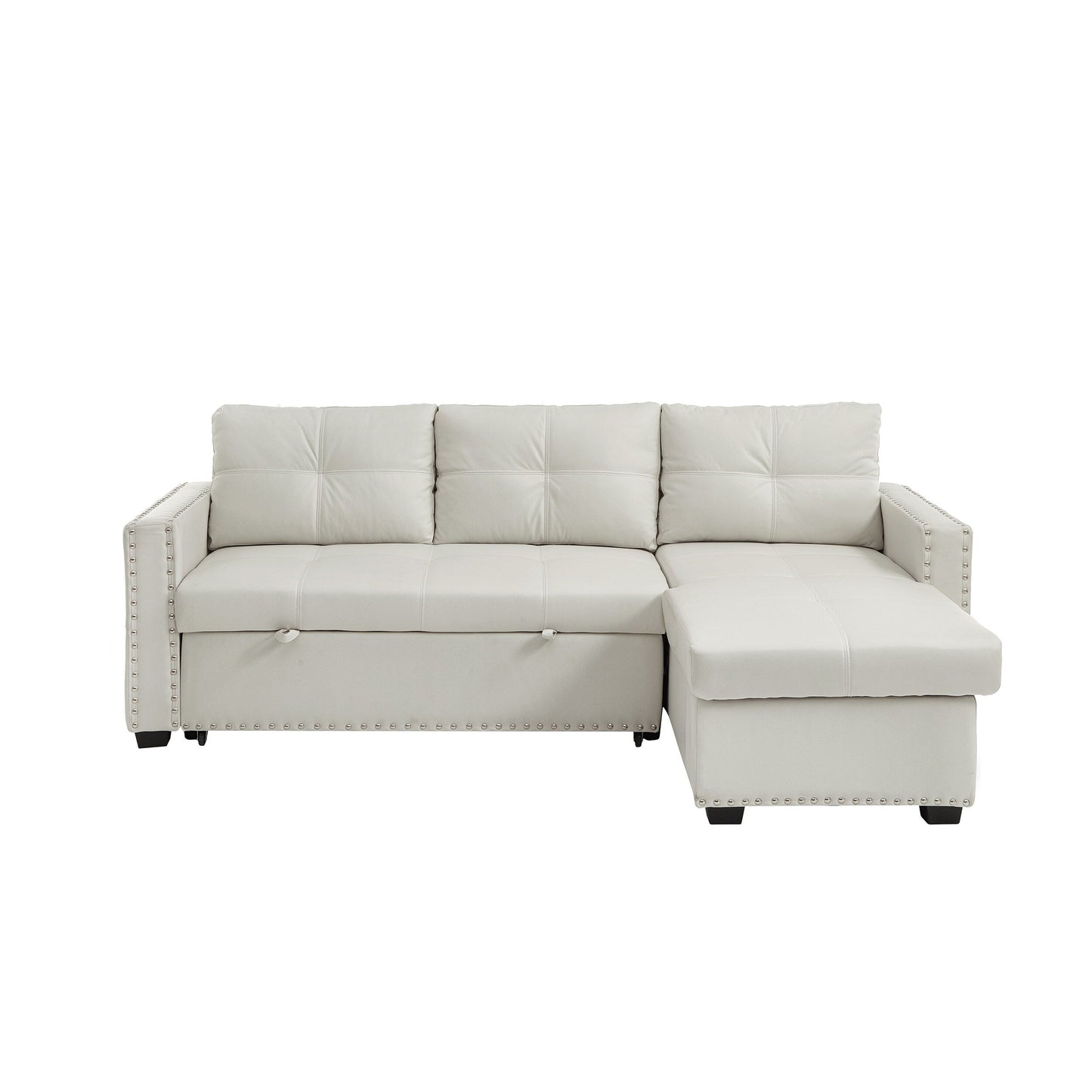 Beige 88'' Convertible 3 Seater Sofa Bed with Storage Chaise, Pull-Out Bed, Silver Nailhead Trim, and Comfortable Sponge Fill