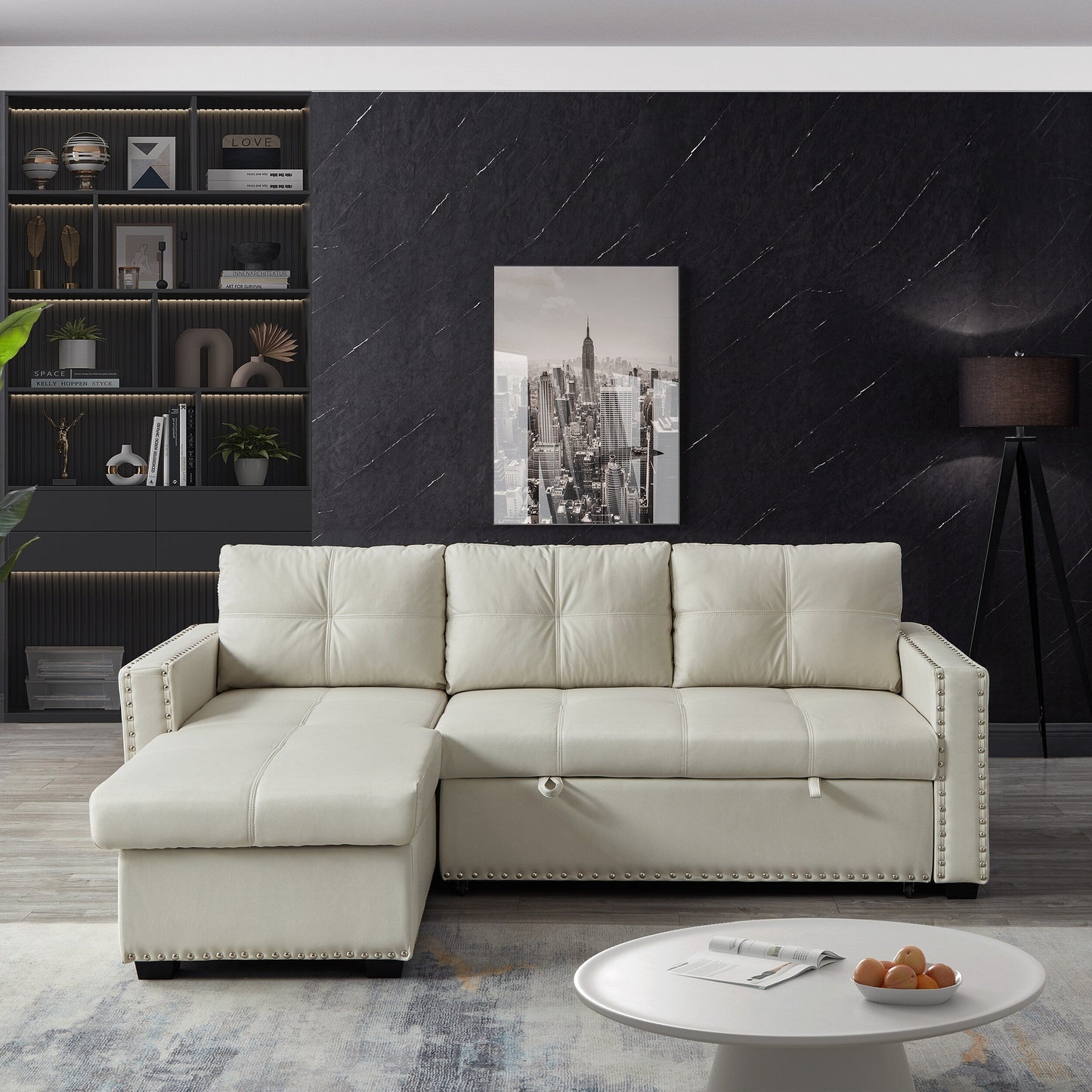 Beige 88'' Convertible 3 Seater Sofa Bed with Storage Chaise, Pull-Out Bed, Silver Nailhead Trim, and Comfortable Sponge Fill
