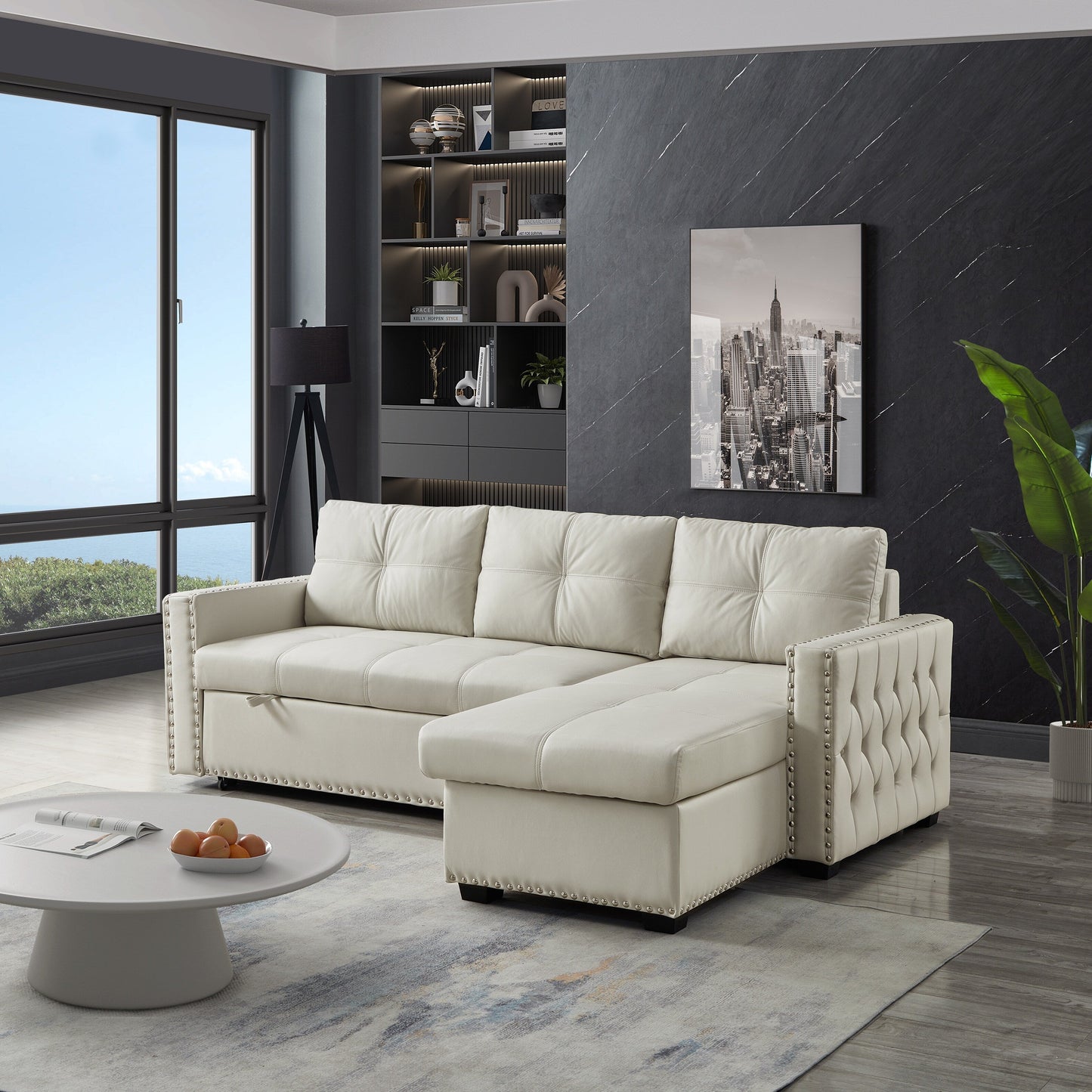 Beige 88'' Convertible 3 Seater Sofa Bed with Storage Chaise, Pull-Out Bed, Silver Nailhead Trim, and Comfortable Sponge Fill