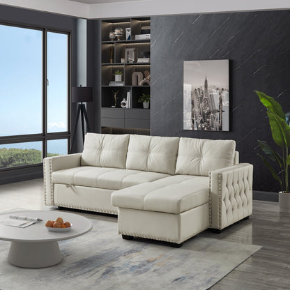 Beige 88'' Convertible 3 Seater Sofa Bed with Storage Chaise, Pull-Out Bed, Silver Nailhead Trim, and Comfortable Sponge Fill