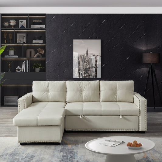 Beige 88'' Convertible Microfiber 3-Seater Sofa Bed with Storage Chaise and Pull-Out Bed Function