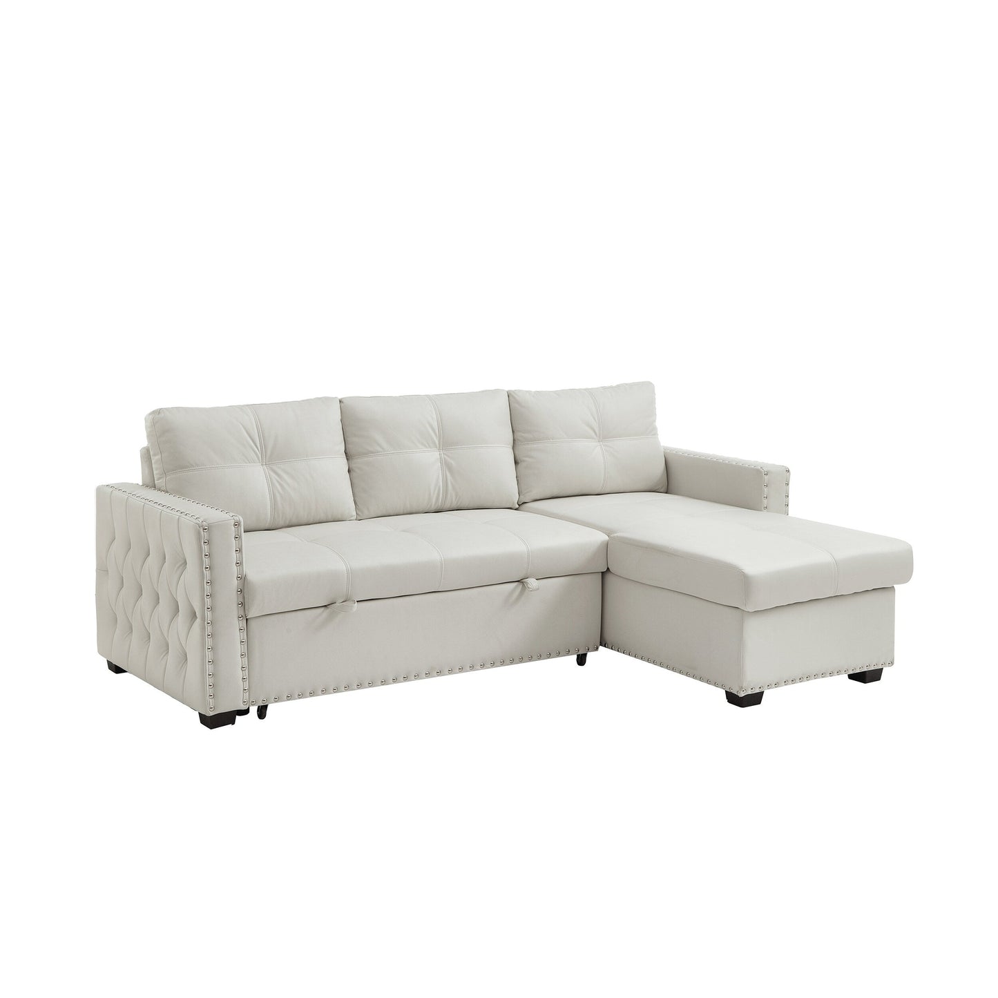 Beige 88'' Convertible Microfiber 3-Seater Sofa Bed with Storage Chaise and Pull-Out Bed Function