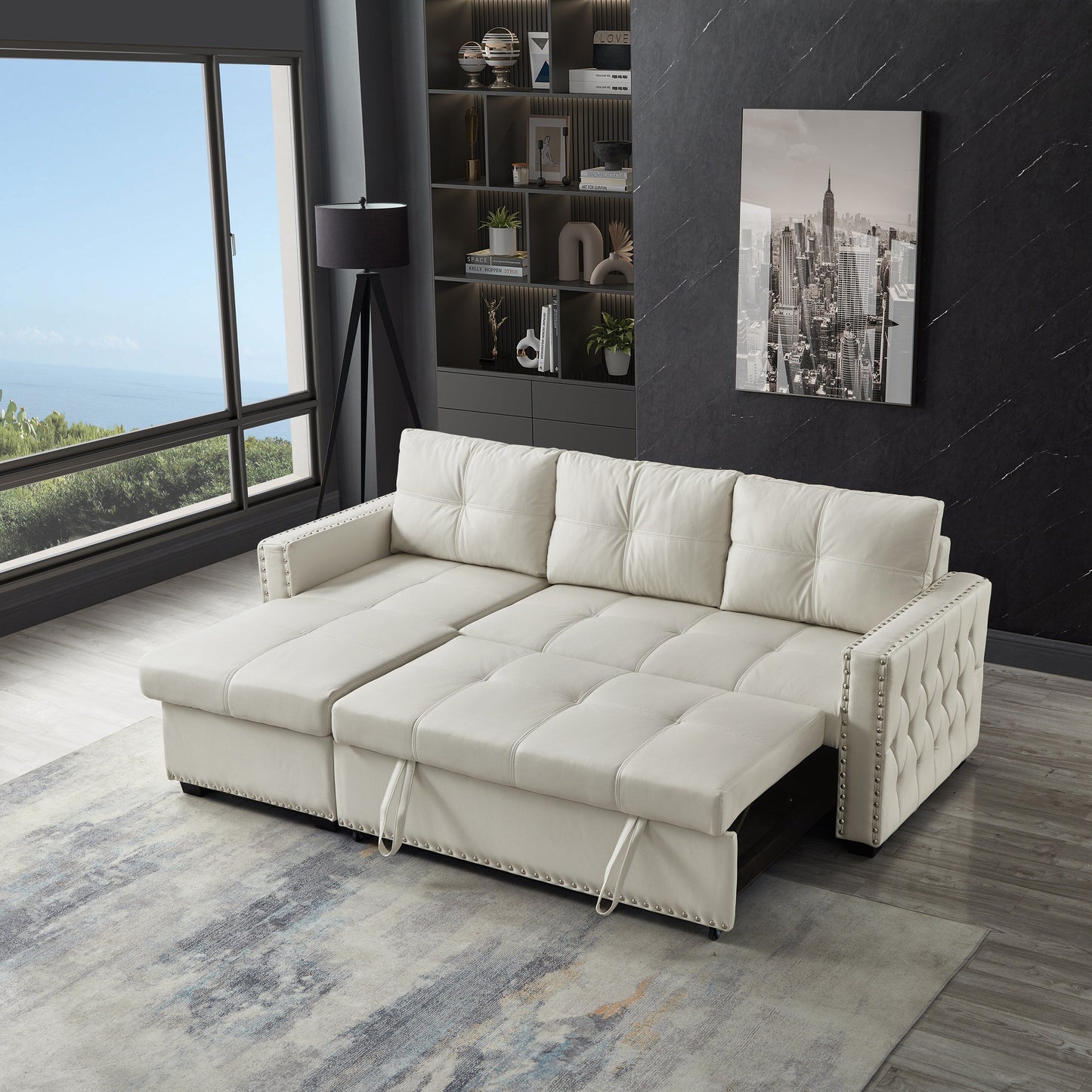 Beige 88'' Convertible Microfiber 3-Seater Sofa Bed with Storage Chaise and Pull-Out Bed Function