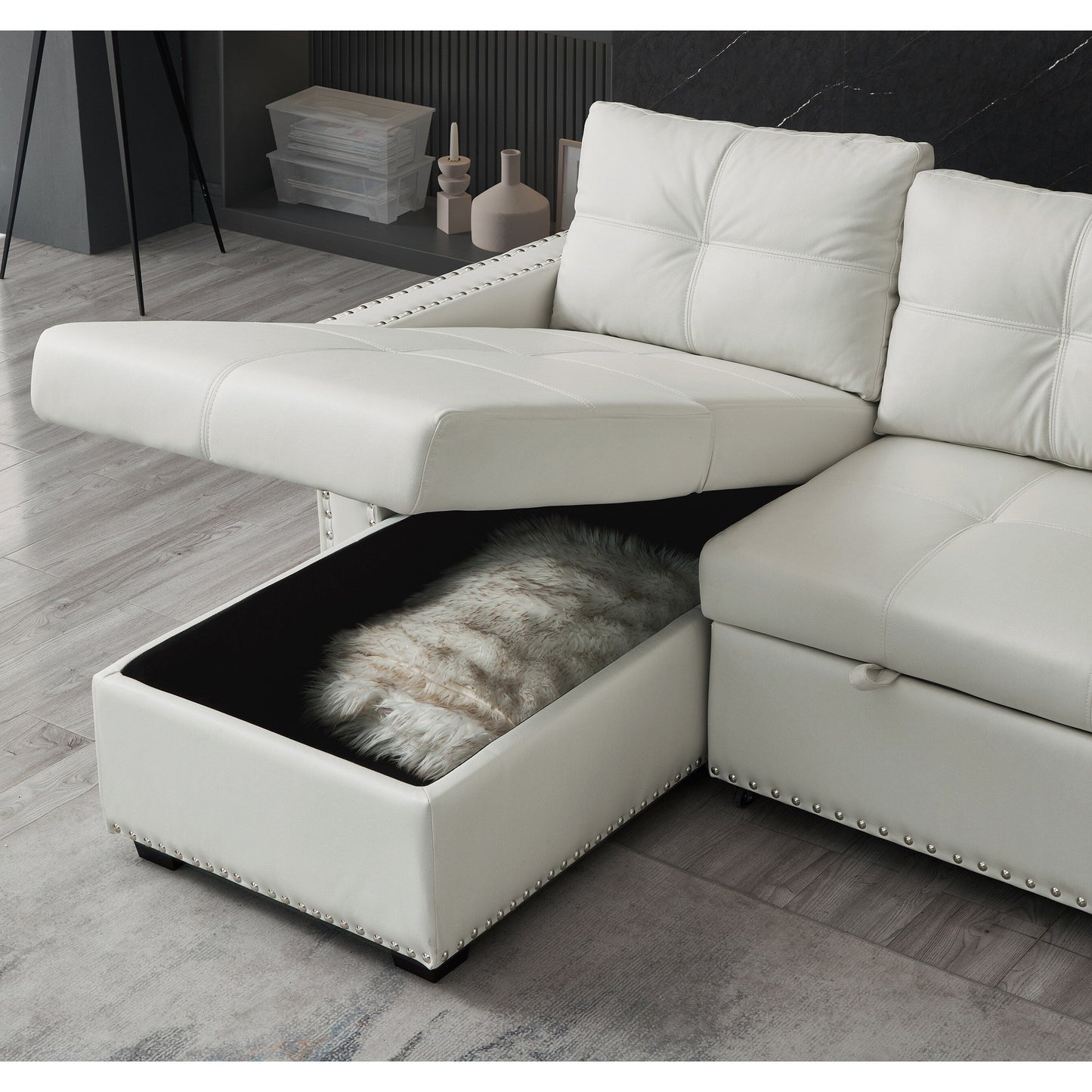 Beige 88'' Convertible Microfiber 3-Seater Sofa Bed with Storage Chaise and Pull-Out Function