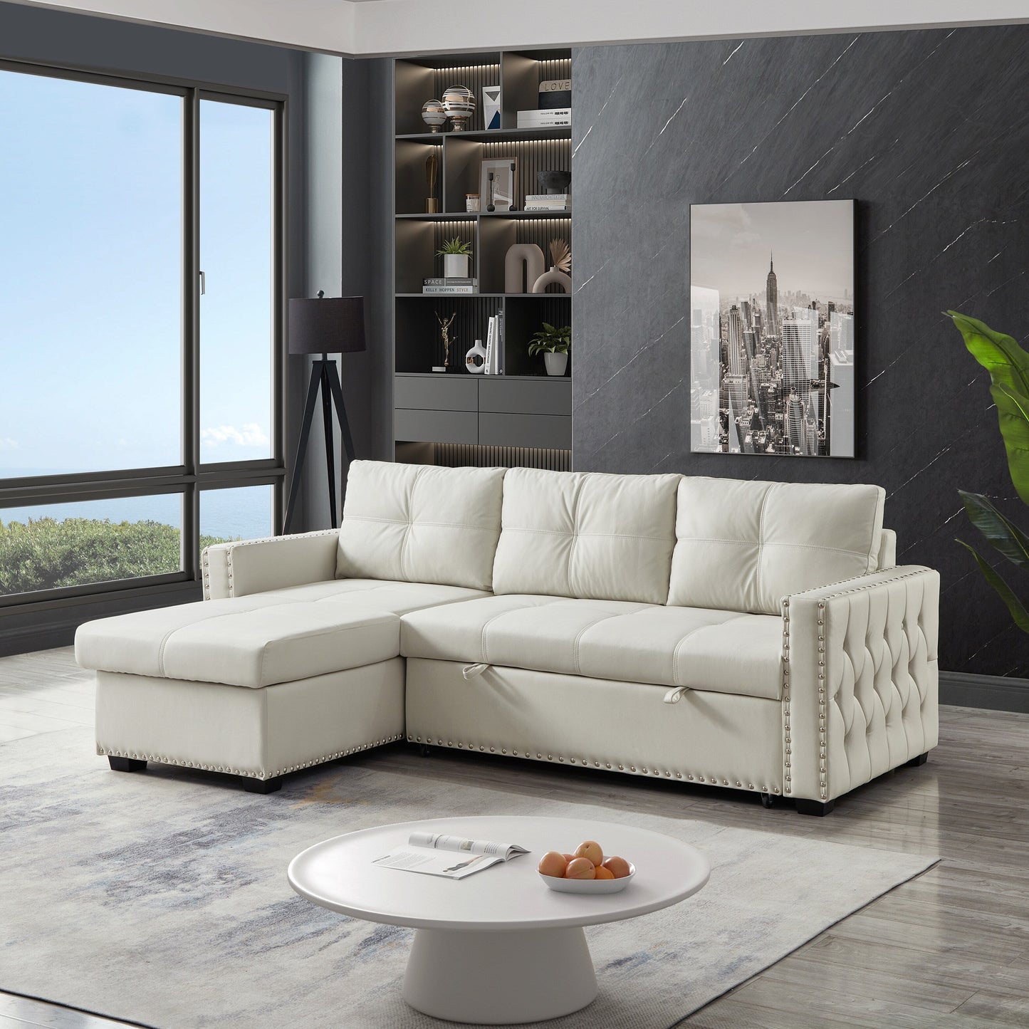 Beige 88'' Convertible Microfiber 3-Seater Sofa Bed with Storage Chaise and Pull-Out Function