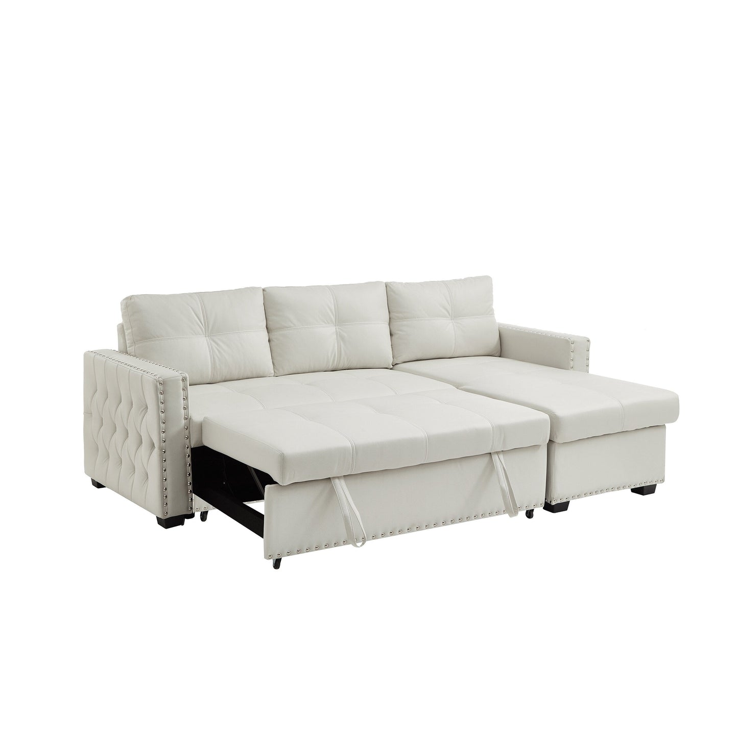 Beige 88'' Convertible Microfiber 3-Seater Sofa Bed with Storage Chaise and Pull-Out Function