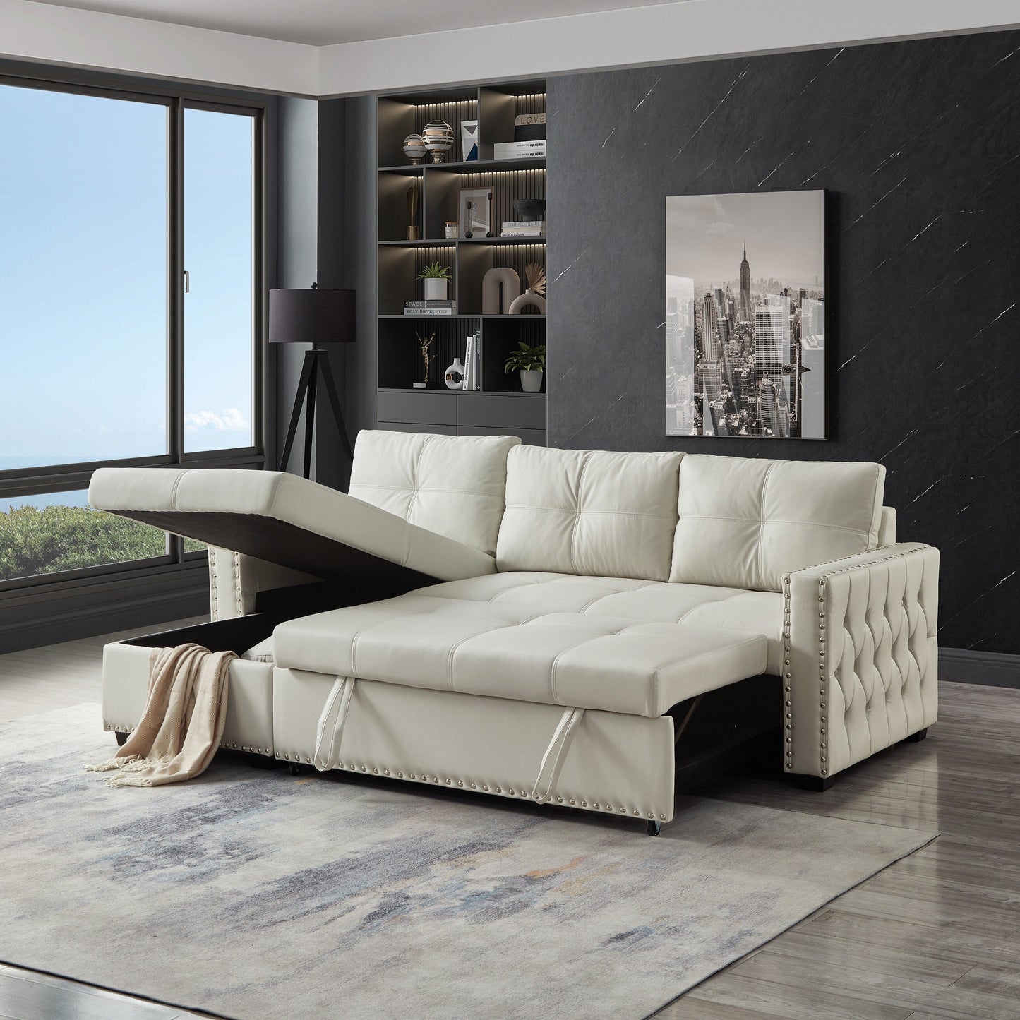 Beige 88'' Microfiber Convertible Sofa Bed with Storage Chaise