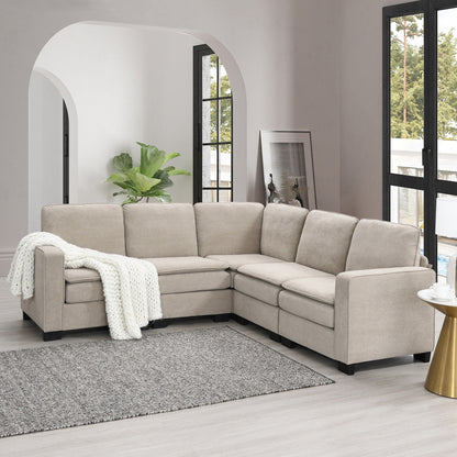 Beige 89 Velvet L-Shaped Oversized 5-Seater Sectional Sofa with Double Cushions for Corner Seating