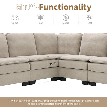 Beige 89 Velvet L-Shaped Oversized 5-Seater Sectional Sofa with Double Cushions for Corner Seating