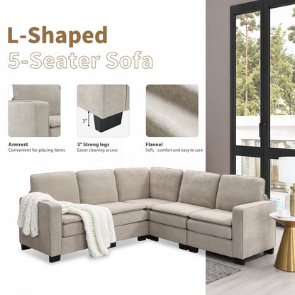 Beige 89'' Velvet L-Shaped 5-Seater Sectional Sofa with Double Cushions