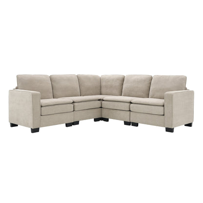 Beige 89'' Velvet L-Shaped 5-Seater Sectional Sofa with Double Cushions, Sturdy Wood and Iron Frame