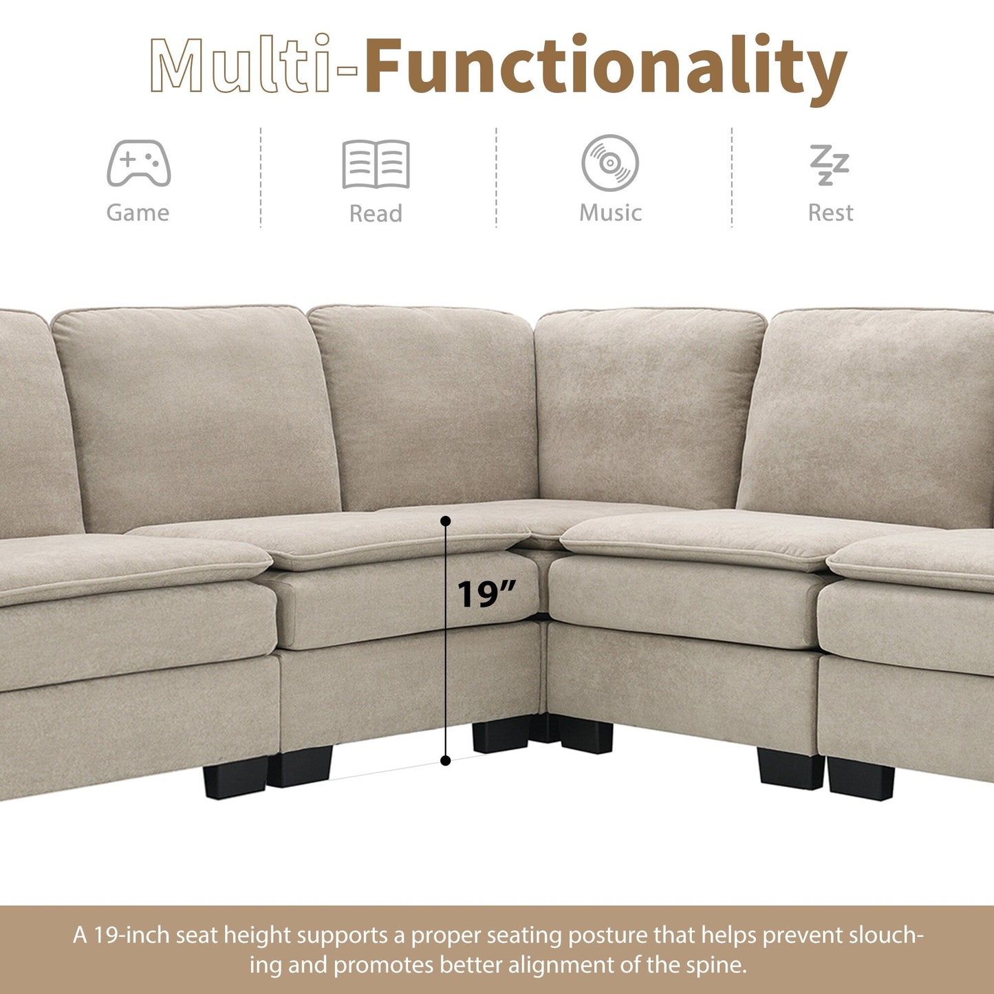 Beige 89'' Velvet L-Shaped 5-Seater Sectional Sofa with Double Cushions, Sturdy Wood and Iron Frame