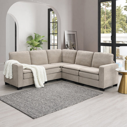 Beige 89'' Velvet L-Shaped 5-Seater Sectional Sofa with Double Cushions, Sturdy Wood and Iron Frame