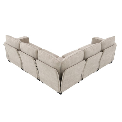Beige 89'' Velvet L-Shaped 5-Seater Sectional Sofa with Double Cushions, Sturdy Wood and Iron Frame