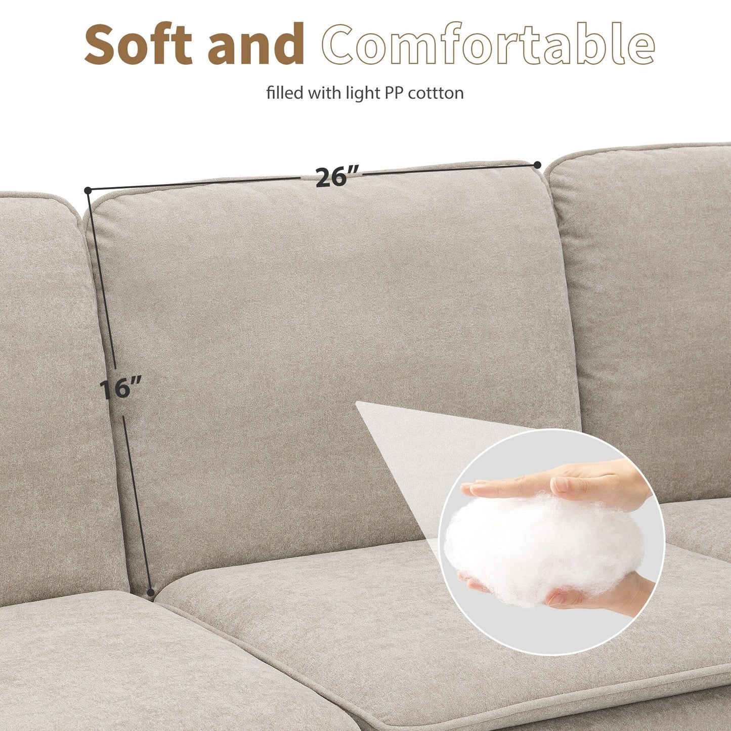 Beige 89'' Velvet L-Shaped 5-Seater Sectional Sofa with Double Cushions, Sturdy Wood and Iron Frame