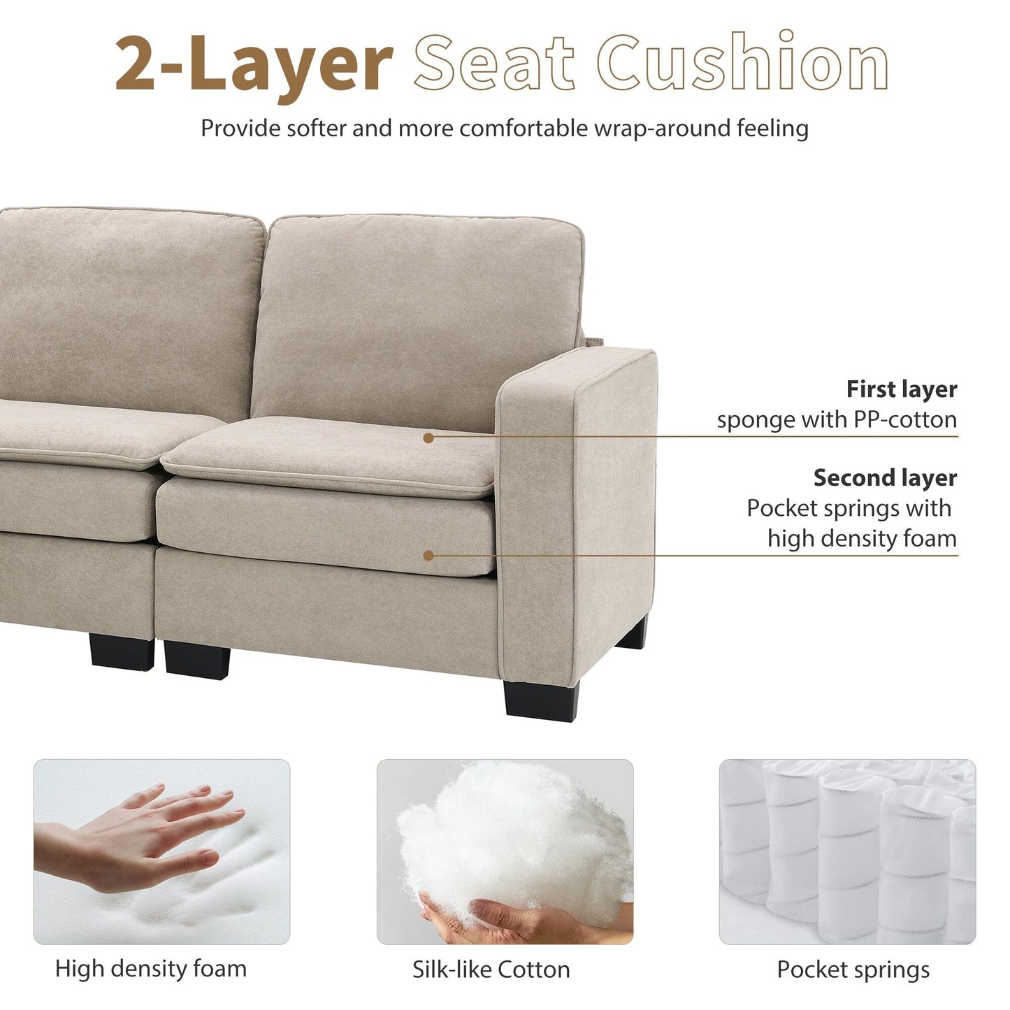 Beige 89'' Velvet L-Shaped 5-Seater Sectional Sofa with Double Cushions
