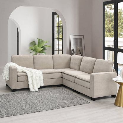 Beige 89'' Velvet L-Shaped 5-Seater Sectional Sofa with Double Cushions