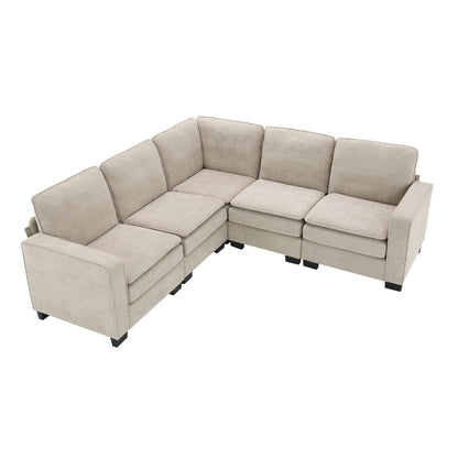 Beige 89'' Velvet L-Shaped 5-Seater Sectional Sofa with Double Cushions