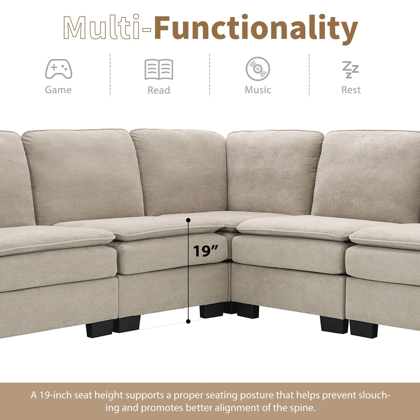 Beige 89'' Velvet L-Shaped 5-Seater Sectional Sofa with Double Cushions