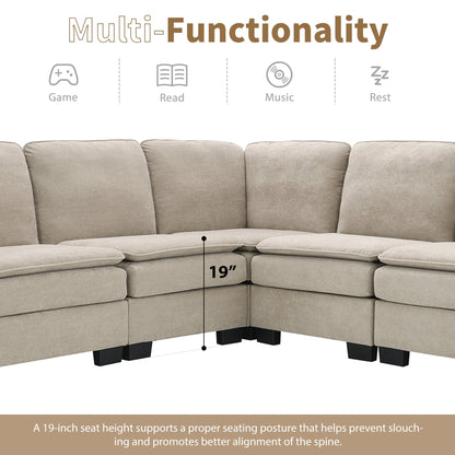Beige 89'' Velvet L-Shaped 5-Seater Sectional Sofa with Double Cushions