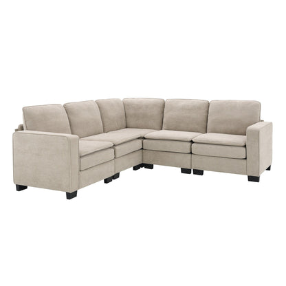 Beige 89'' Velvet L-Shaped 5-Seater Sectional Sofa with Double Cushions