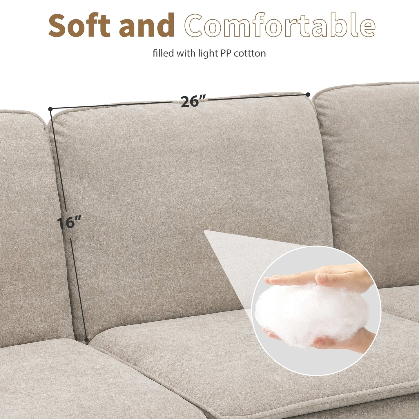 Beige 89'' Velvet L-Shaped 5-Seater Sectional Sofa with Double Cushions