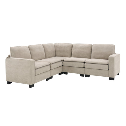 Beige 89'' Velvet L-Shaped 5-Seater Sectional Sofa with Double Cushions