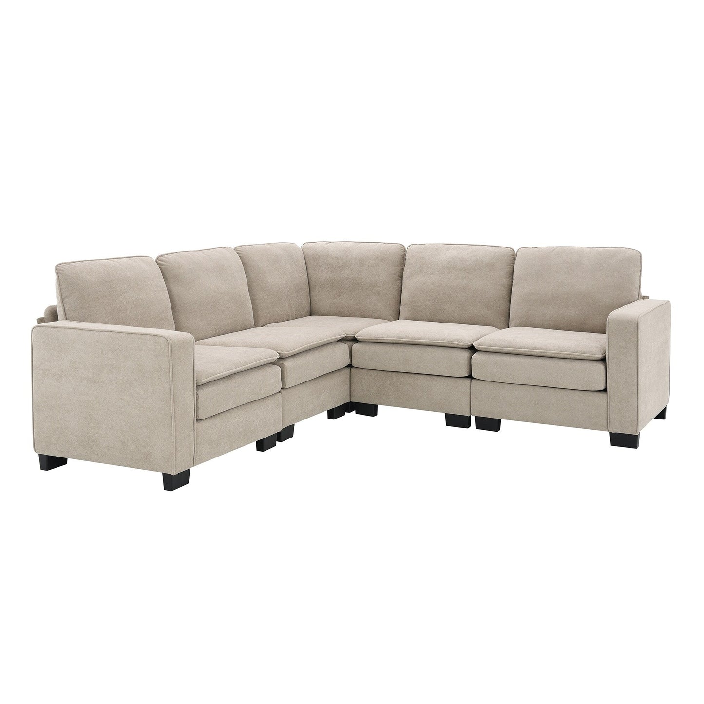 Beige 89'' Velvet L-Shaped 5-Seater Sectional with Double Cushions, Iron and Wood Frame for Stability