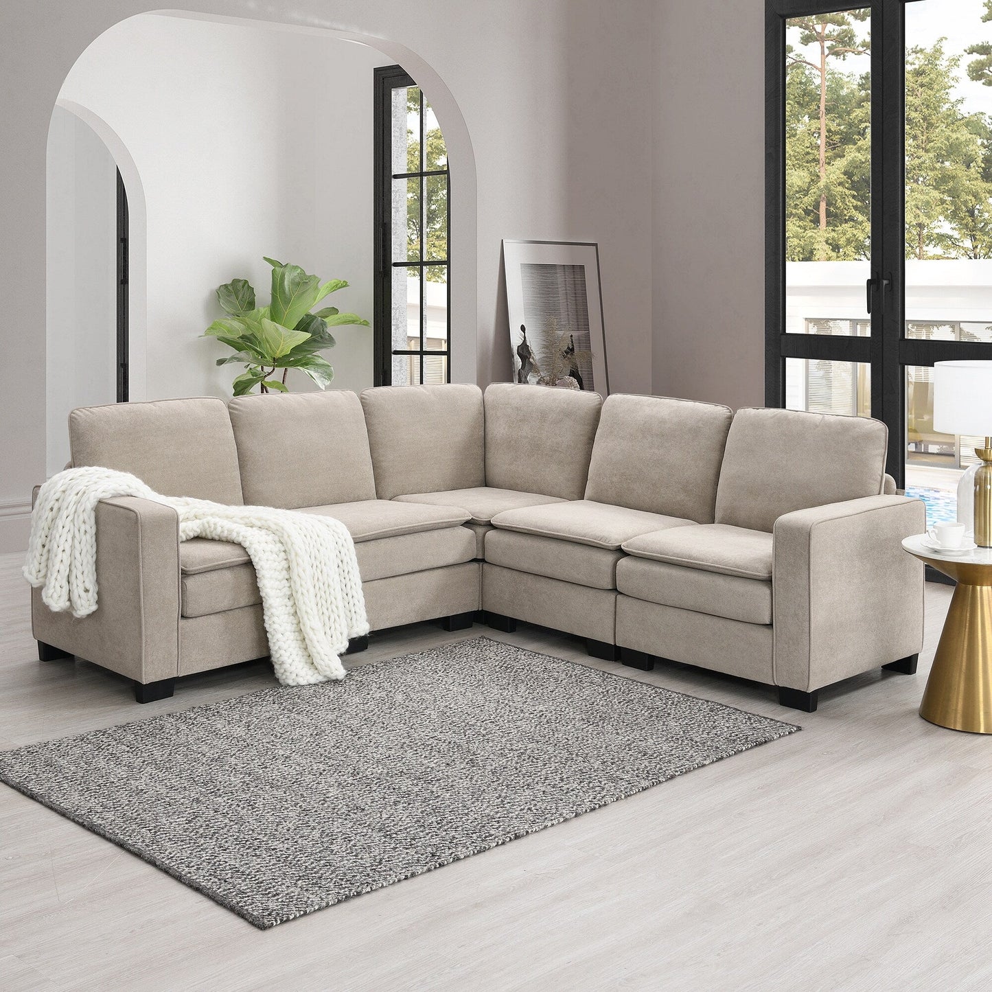 Beige 89'' Velvet L-Shaped 5-Seater Sectional with Double Cushions, Iron and Wood Frame for Stability