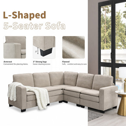 Beige 89'' Velvet L-Shaped 5-Seater Sectional with Double Cushions, Iron and Wood Frame for Stability