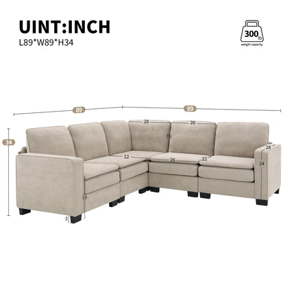 Beige 89'' Velvet L-Shaped 5-Seater Sectional with Double Cushions, Iron and Wood Frame for Stability