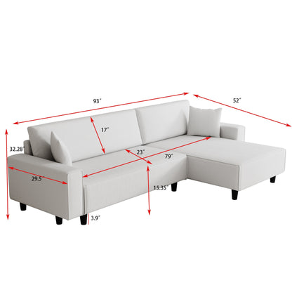 Beige 93'' Corduroy 3-Seater Sofa Bed with 2 Throw Pillows, Convertible Chaise, Storage, and Adjustable Configuration