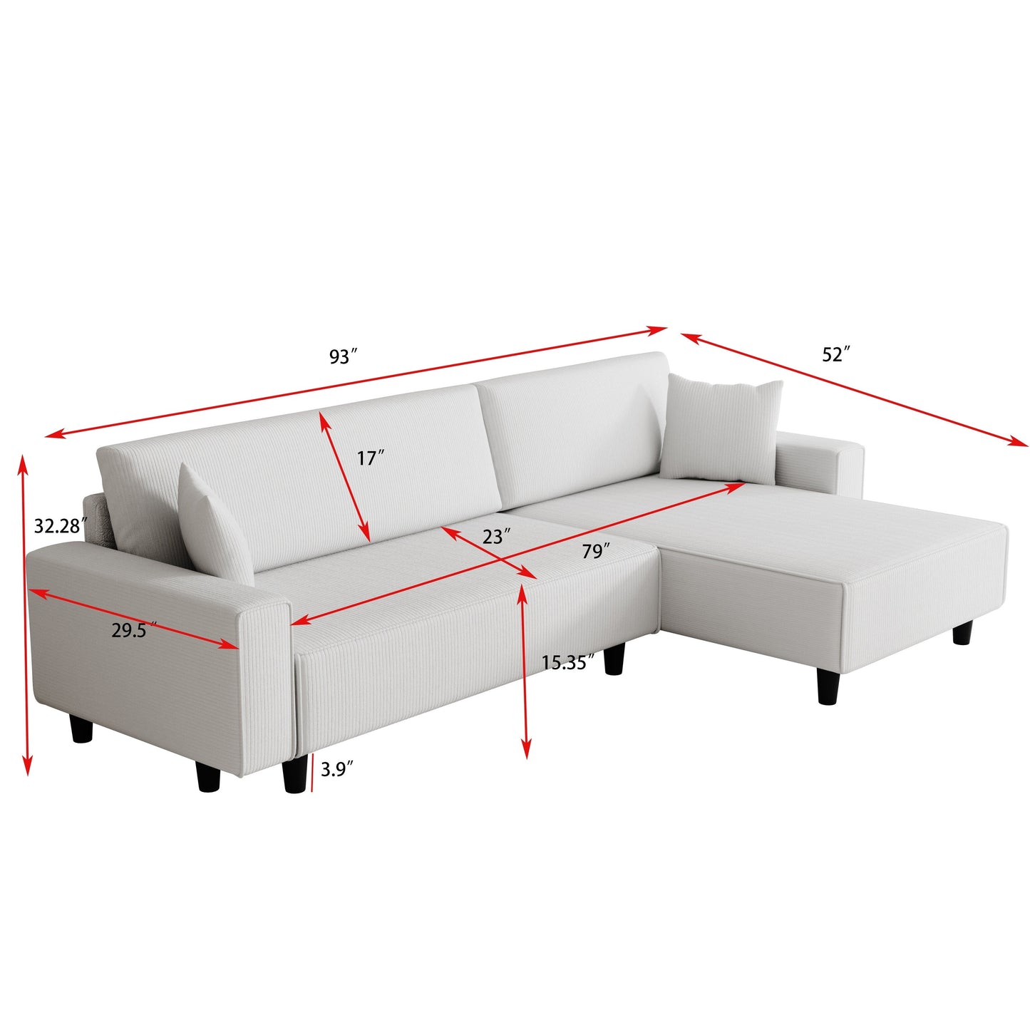 Beige 93'' Corduroy 3-Seater Sofa Bed with 2 Throw Pillows, Convertible Chaise, Storage, and Adjustable Configuration