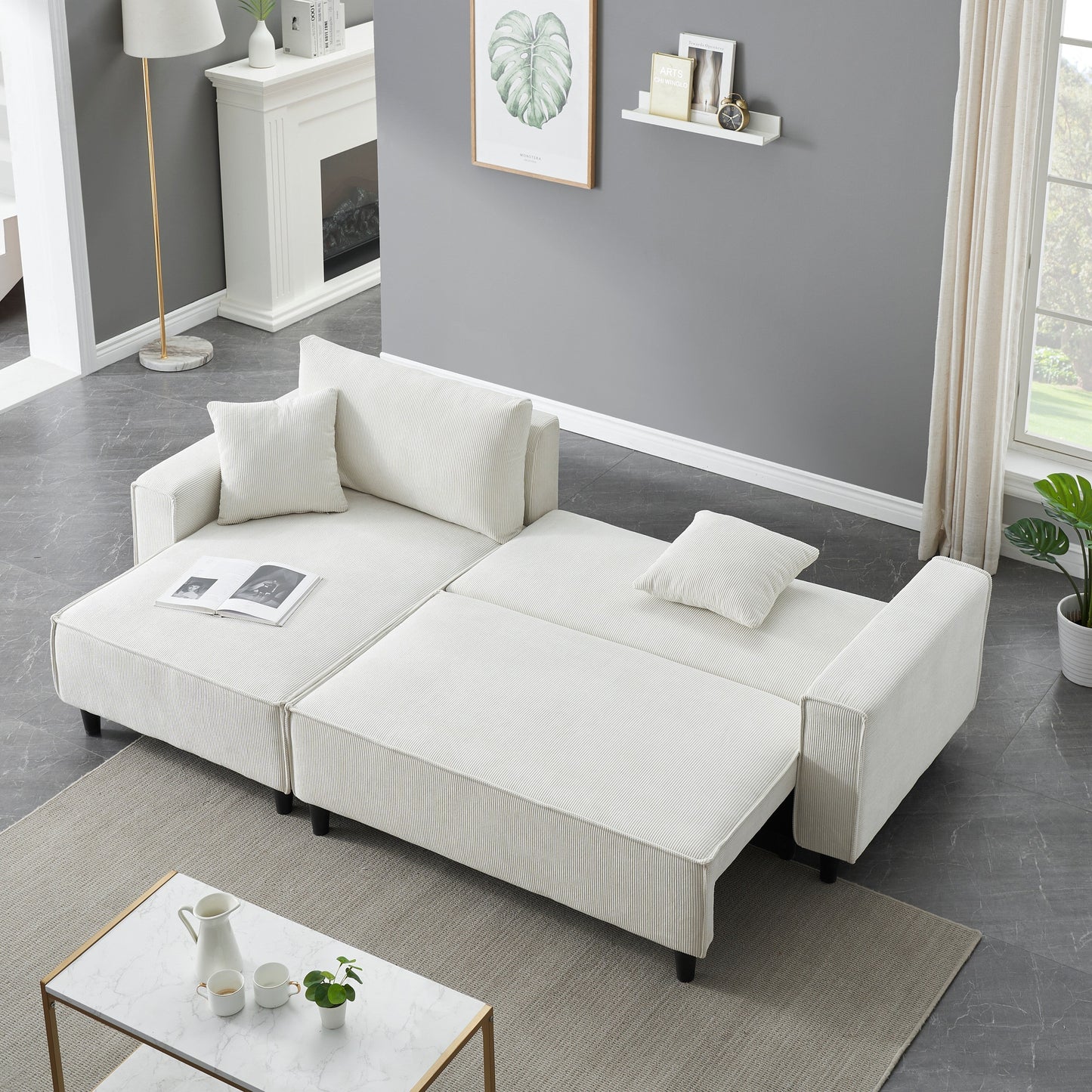 Beige 93'' Corduroy 3-Seater Sofa Bed with 2 Throw Pillows, Convertible Chaise, Storage, and Adjustable Configuration