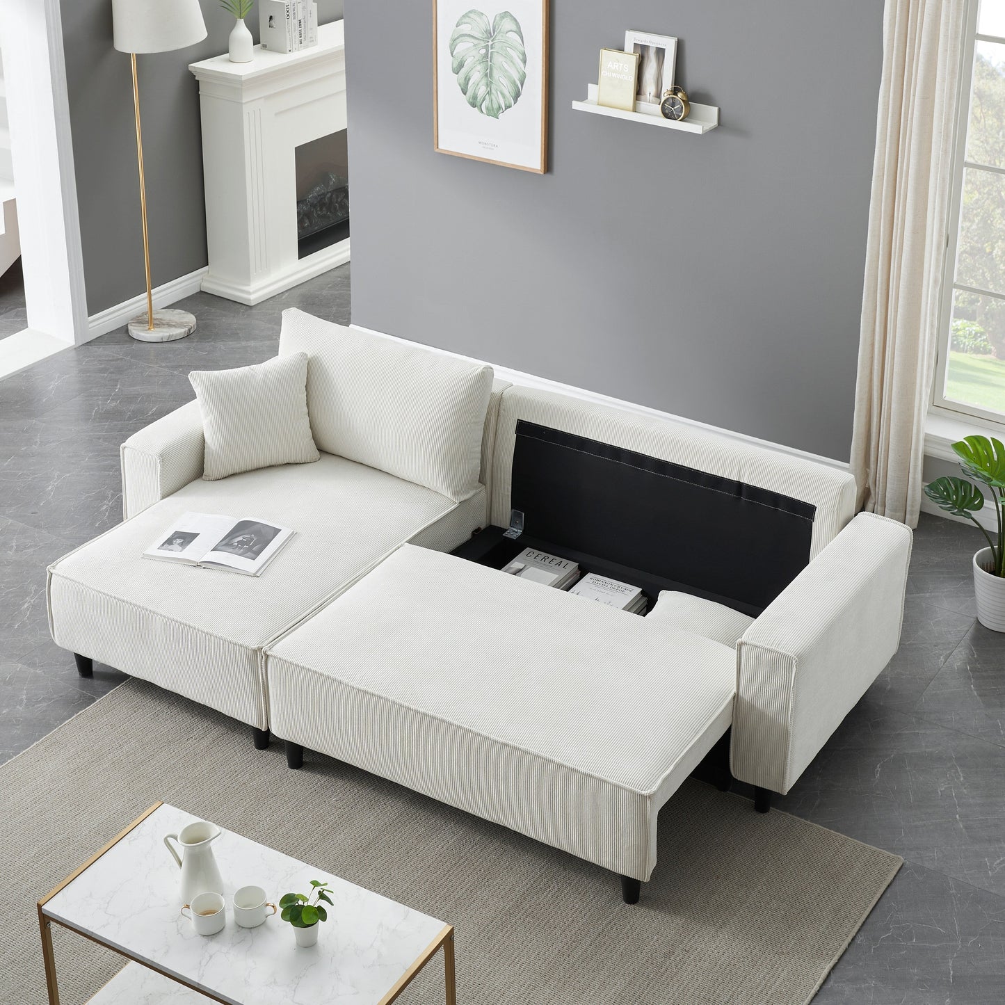 Beige 93'' Corduroy 3-Seater Sofa Bed with 2 Throw Pillows, Convertible Chaise, Storage, and Adjustable Configuration