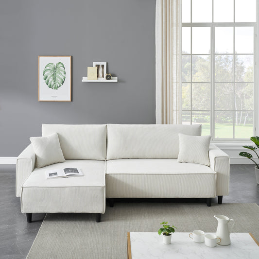 Beige 93'' Corduroy 3-Seater Sofa Bed with 2 Throw Pillows, Convertible Chaise, Storage, and Adjustable Configuration