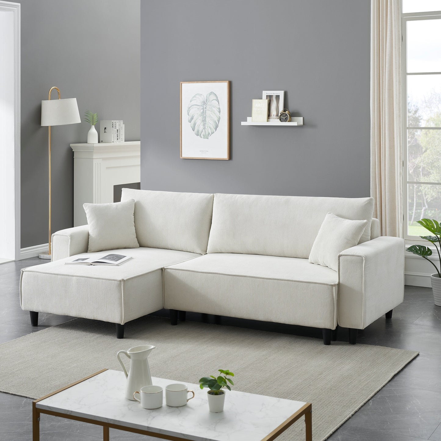 Beige 93'' Corduroy 3-Seater Sofa Bed with 2 Throw Pillows, Convertible Chaise, Storage, and Adjustable Configuration