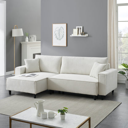 Beige 93'' Corduroy 3-Seater Sofa Bed with 2 Throw Pillows, Convertible Chaise, Storage, and Adjustable Configuration