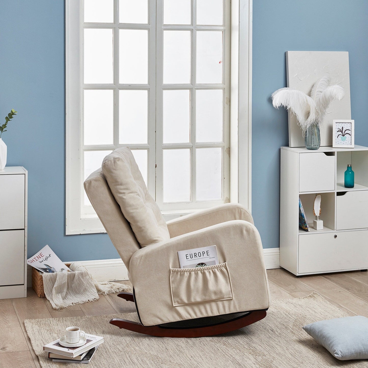 Beige Adjustable Recliner for Balcony or Tatami, with High Back Design, Solid Wood Legs, and Side Storage Pockets
