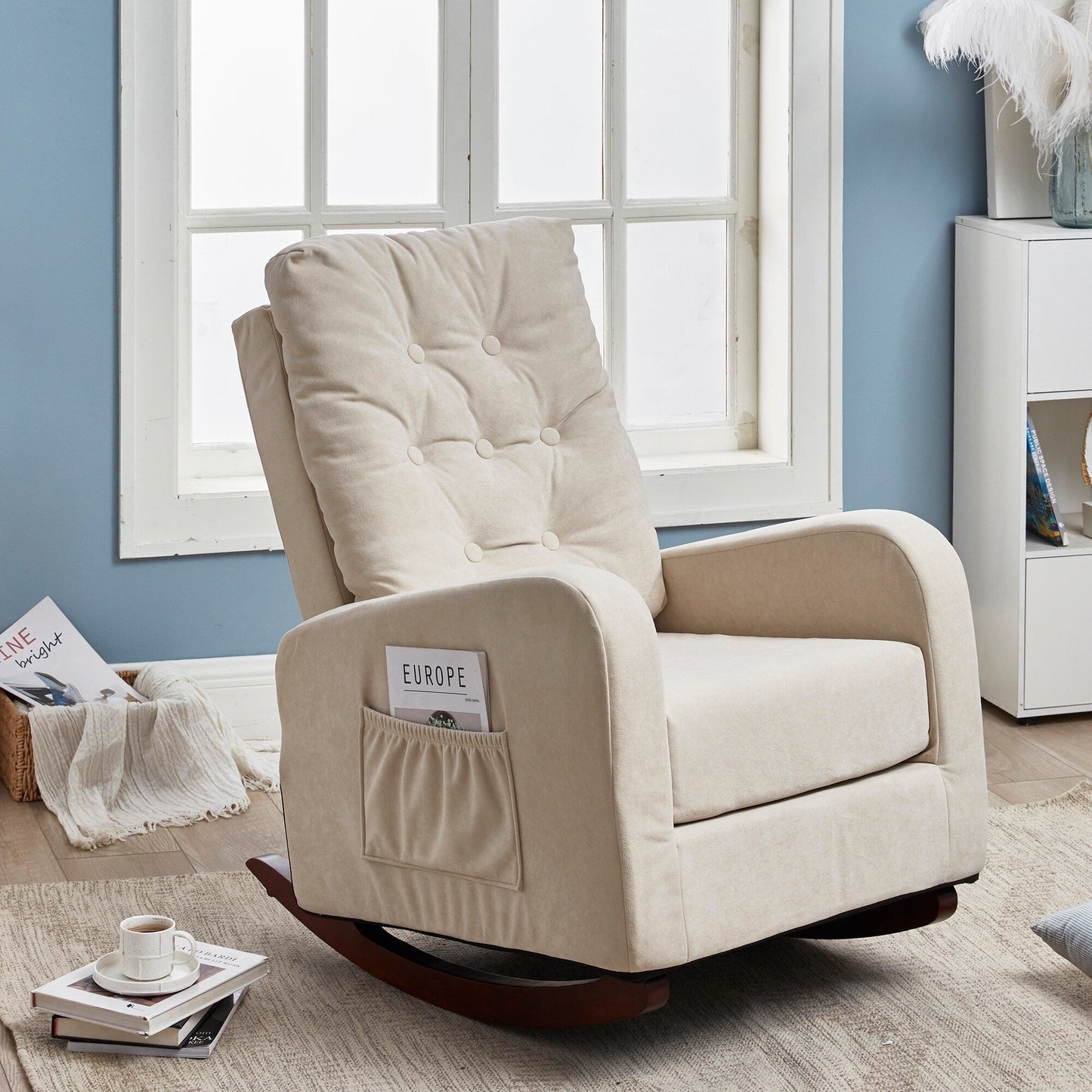 Beige Adjustable Reclining Chair for Balcony or Tatami, High Back Design with Solid Wood Legs and Side Storage Pockets