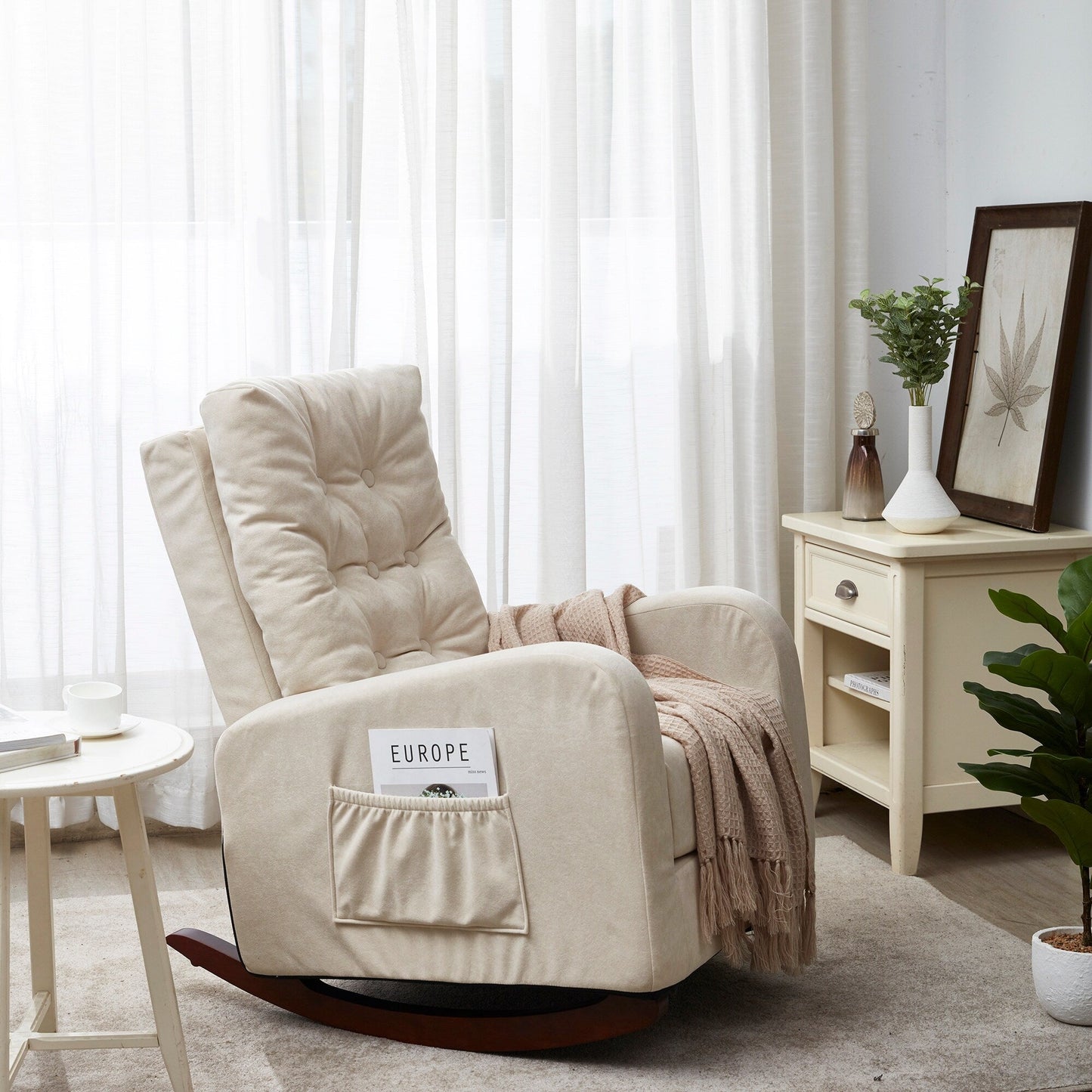 Beige Adjustable Reclining Sofa Chair for Balcony and Tatami, High Back Design with Solid Wood Legs, Side Pockets