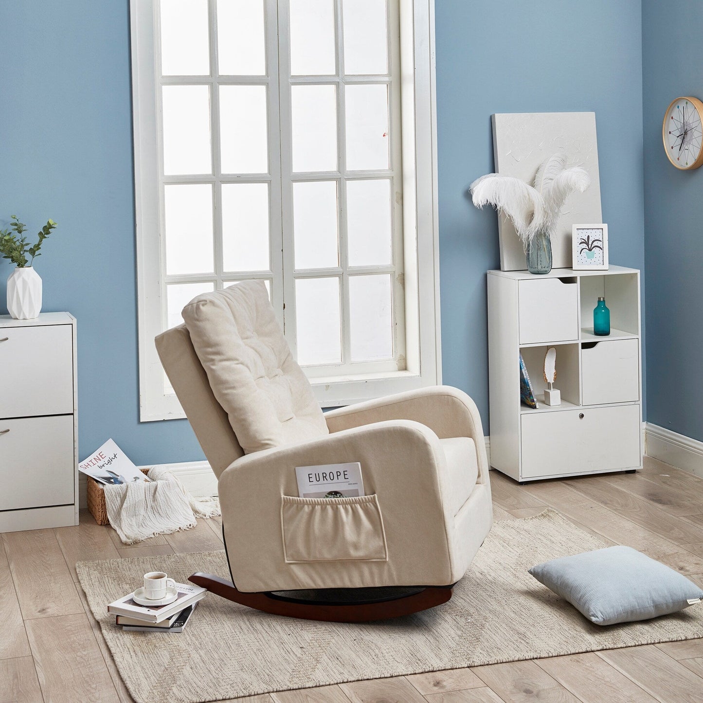 Beige Adjustable Reclining Sofa Chair for Balcony and Tatami, High Back Design with Solid Wood Legs, Side Pockets