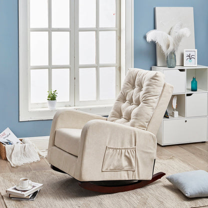 Beige Adjustable Reclining Sofa Chair for Balcony and Tatami, High Back Design with Solid Wood Legs, Side Pockets