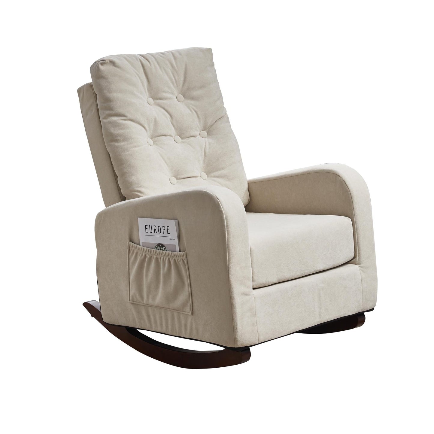 Beige Adjustable Reclining Sofa Chair with Solid Wood Legs, High Back Support, and Side Pockets for Relaxation