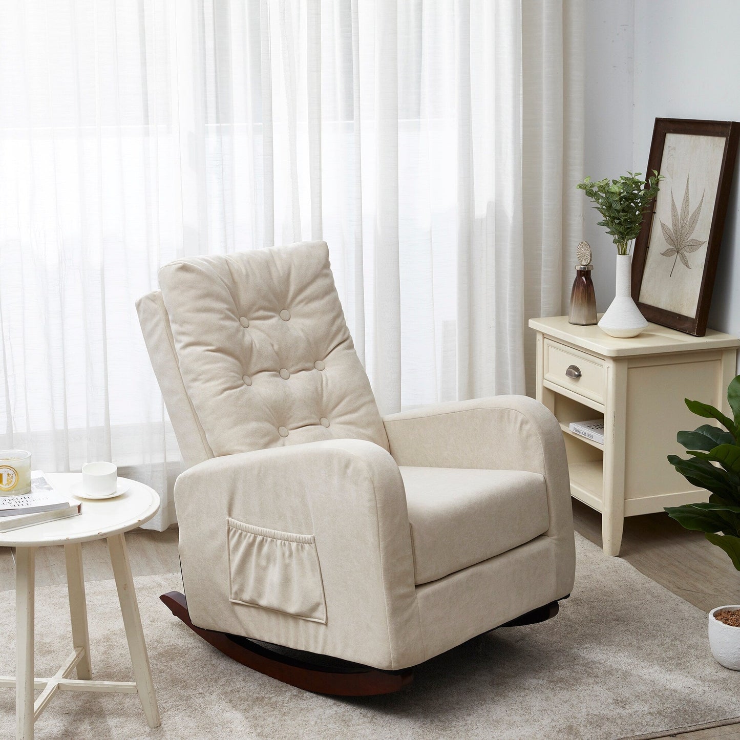 Beige Adjustable Reclining Sofa Chair with Solid Wood Legs, High Back Support, and Side Pockets for Relaxation