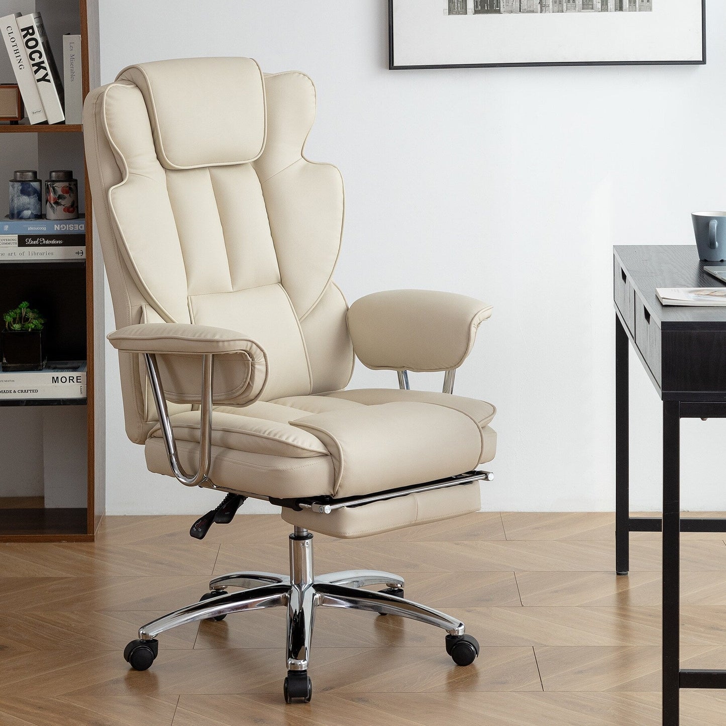Beige Bonded Leather 360Â° Swivel Ergonomic High Back Office Recliner with Lumbar Support, Footrest, Adjustable Height