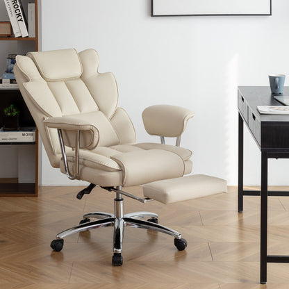 Beige Bonded Leather 360Â° Swivel Ergonomic High Back Office Recliner with Lumbar Support, Footrest, Adjustable Height